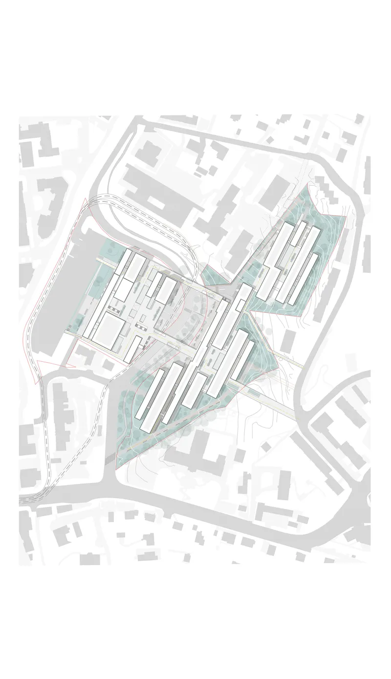 Site plan drawing showing multiple building footprints surrounded by landscaped areas in blue tone
