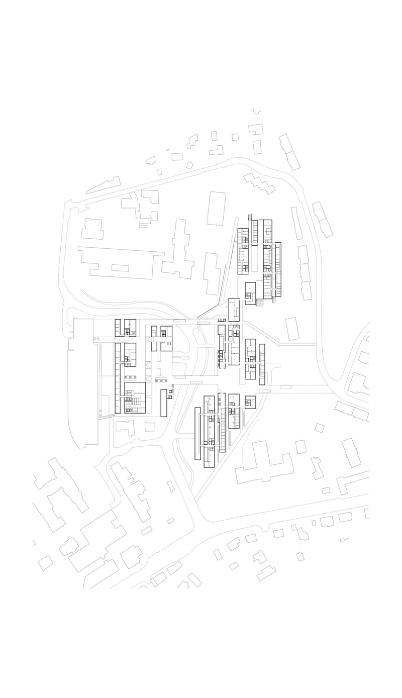 Site plan drawing showing linear housing blocks positioned along streets with surrounding context buildings