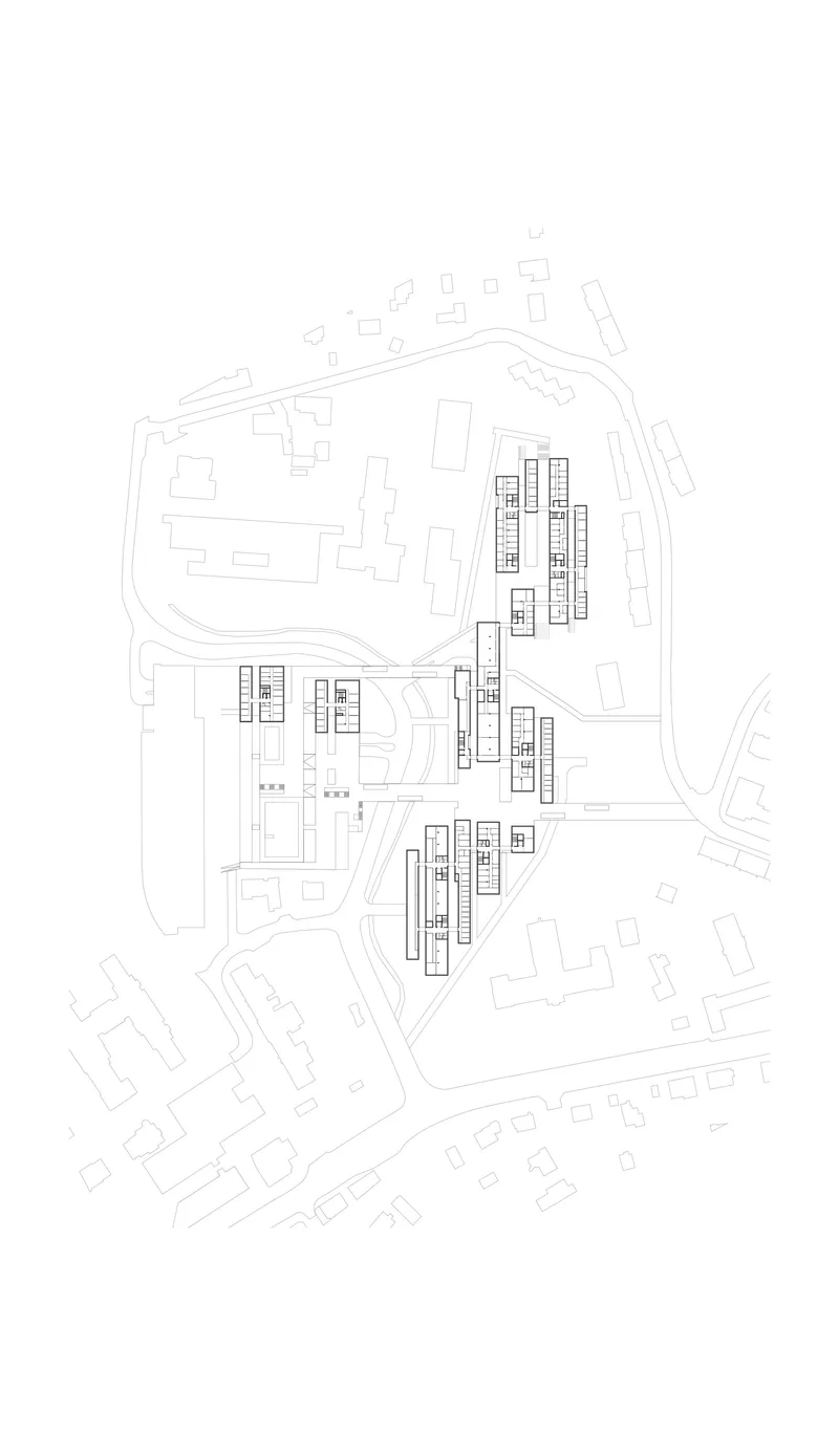 Site plan drawing showing linear housing blocks positioned along streets with surrounding context buildings
