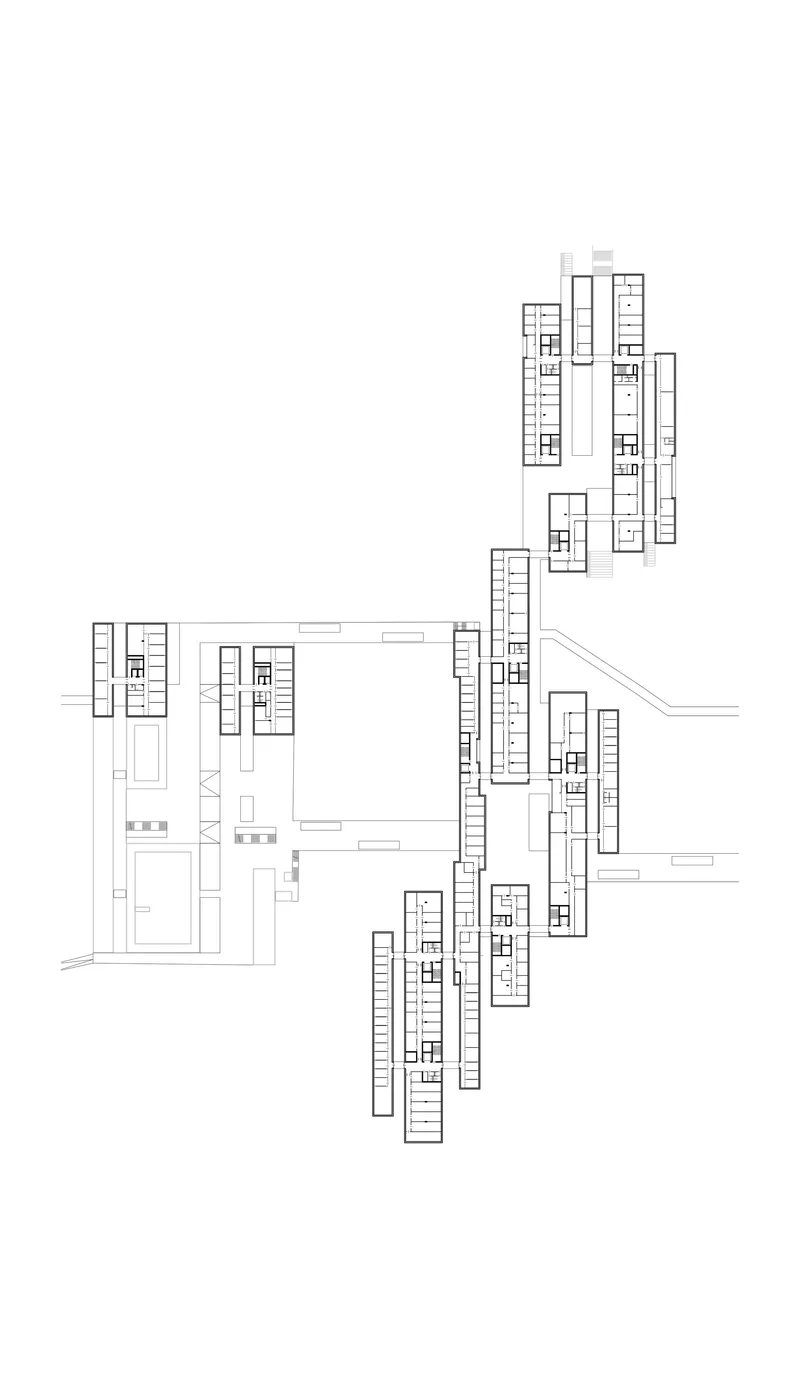 Floor plan drawing showing multiple residential units arranged in staggered linear bar buildings