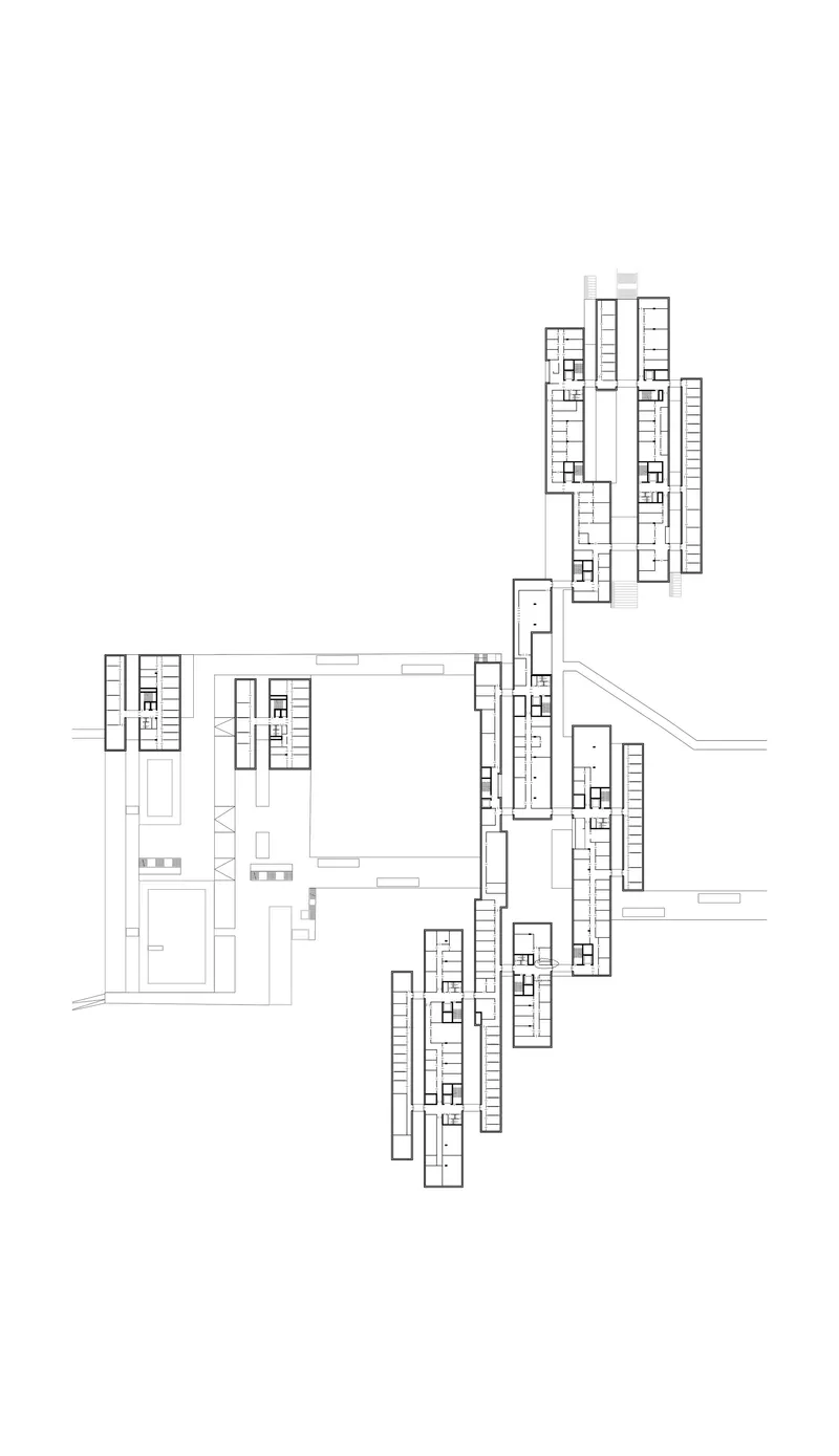 Floor plan drawing showing multiple residential units arranged in staggered linear bar buildings