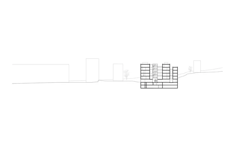 Elevation drawing showing sectioned residential blocks rising above a horizontal podium with trees alongside