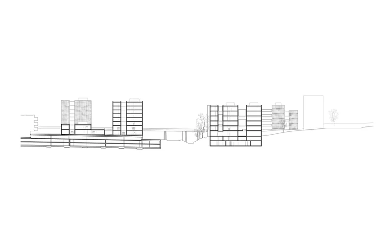 Elevation drawing depicting multiple tower blocks of varying heights with a pedestrian underpass connecting the site