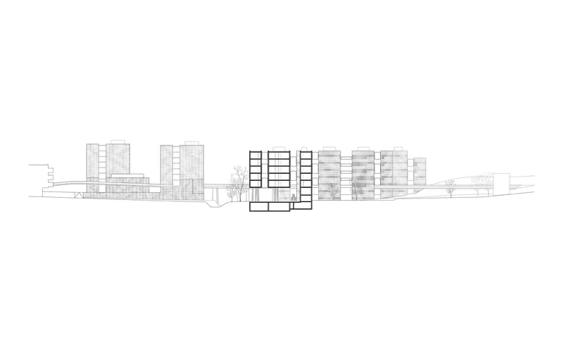 Elevation drawing showing mixed-height residential towers and low-rise structures with bare winter trees