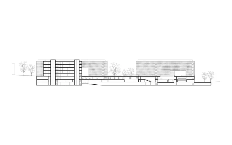 Elevation drawing depicting residential blocks connected by a sloping glazed passage with trees along the base