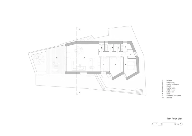 First floor plan drawing showing the interior courtyard and angled bedroom wings