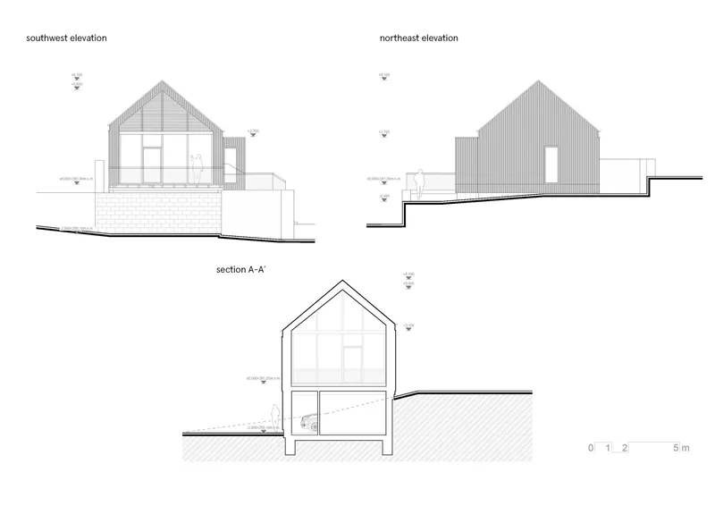 Section and elevation drawings showing the gabled profile and split level arrangement