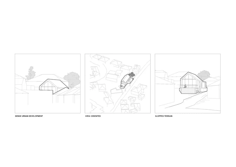 Site diagram showing three contextual scenarios for a gabled-roof volume among neighboring structures and trees