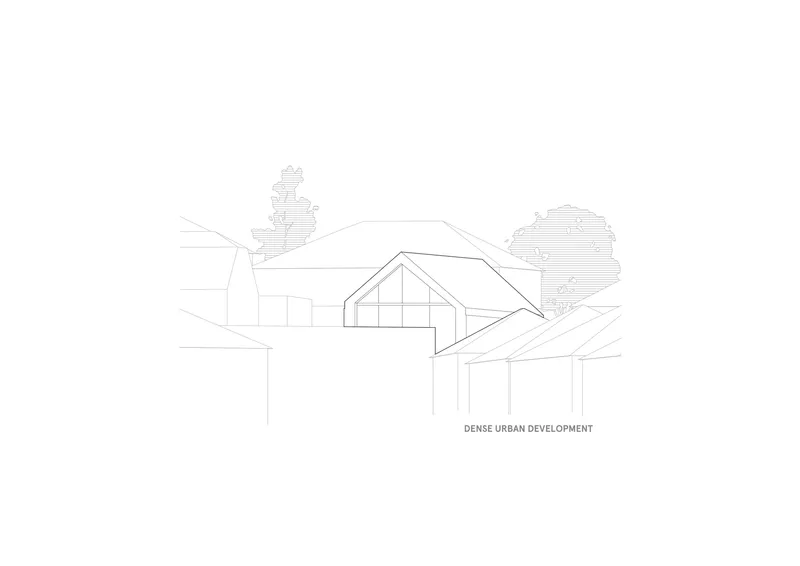 Elevation drawing showing a gabled-roof residence with glazed front and adjacent lower volumes among trees