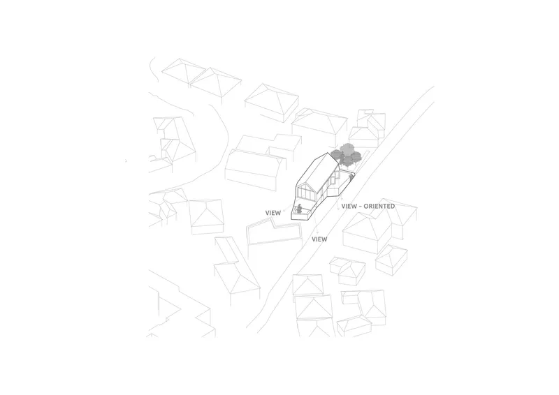Axonometric site plan showing a highlighted residence on a curving street among neighboring buildings