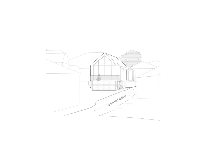 Perspective drawing showing a gabled-roof house on a sloped street with masonry base and glazed facade