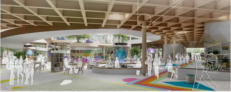 Renewable energy, rainwater systems, and ecological planning shape a future-ready vision for sustainable educational design.