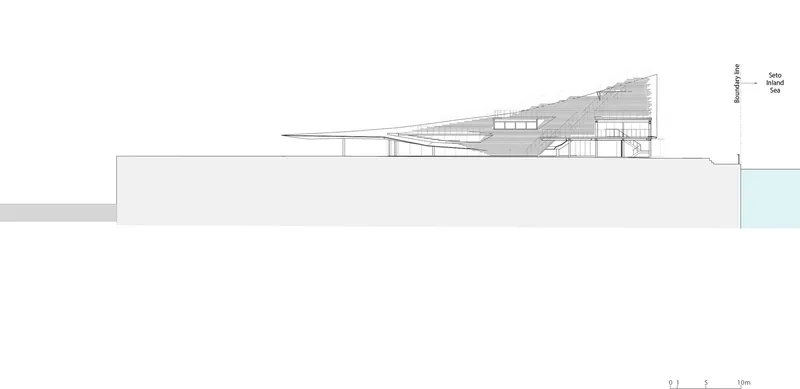 Section drawing depicting sloped roof structure with stepped seating adjacent to water