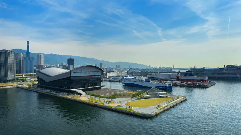 Aerial view of the floating platform with grassed lawn and terraced seating facing the harbor
