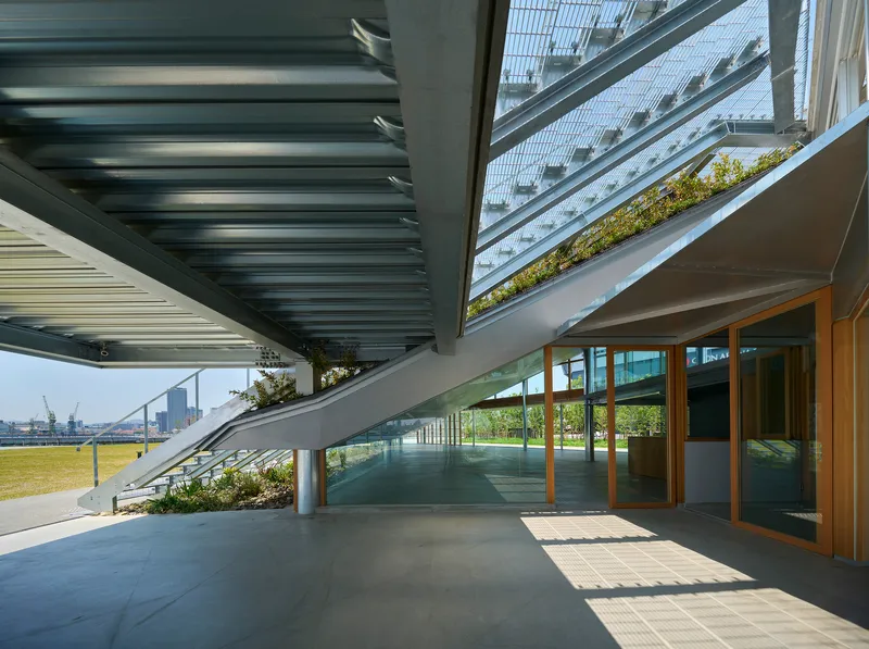 Covered terrace beneath planted roof structure with steel beams and timber-framed glass doors