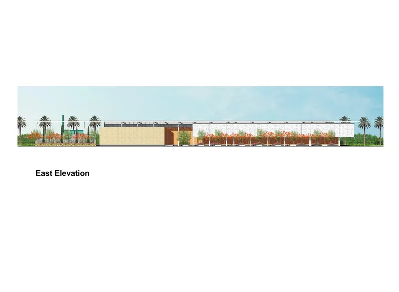 East elevation drawing showing the low horizontal building flanked by palm trees under clear sky