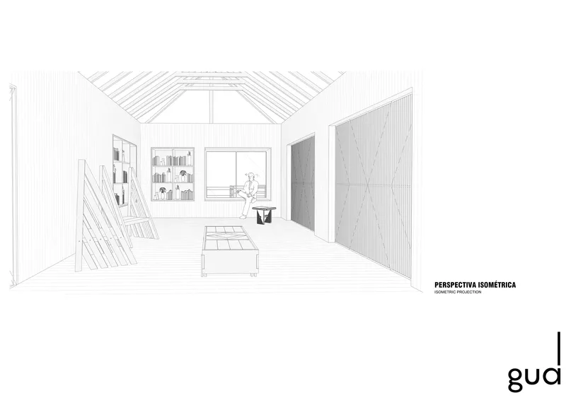 Isometric drawing of interior volume with exposed timber rafters and built-in storage
