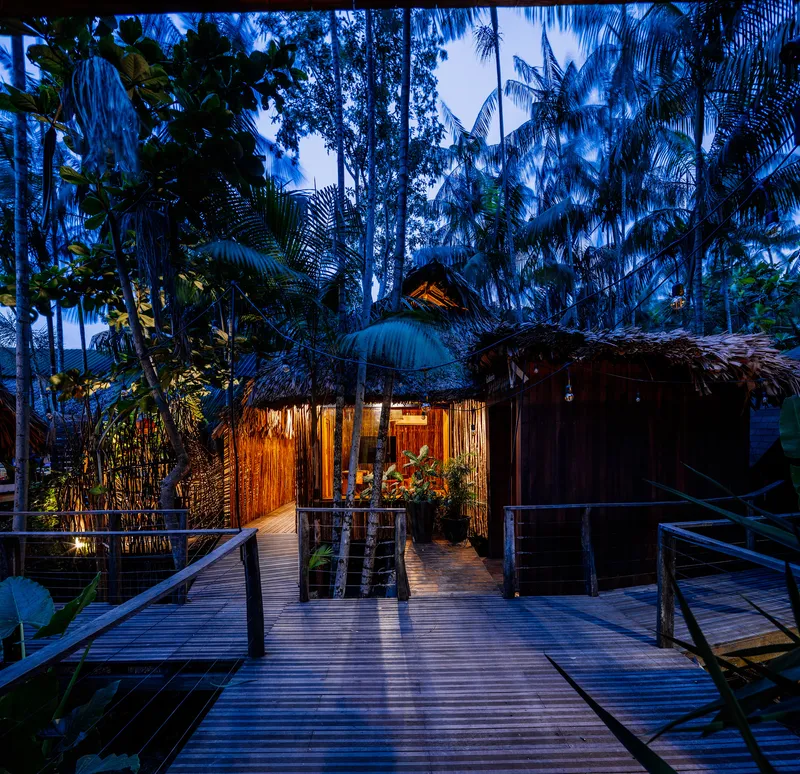 Timber boardwalk leading to thatched roof pavilion nestled among palm trees at dusk