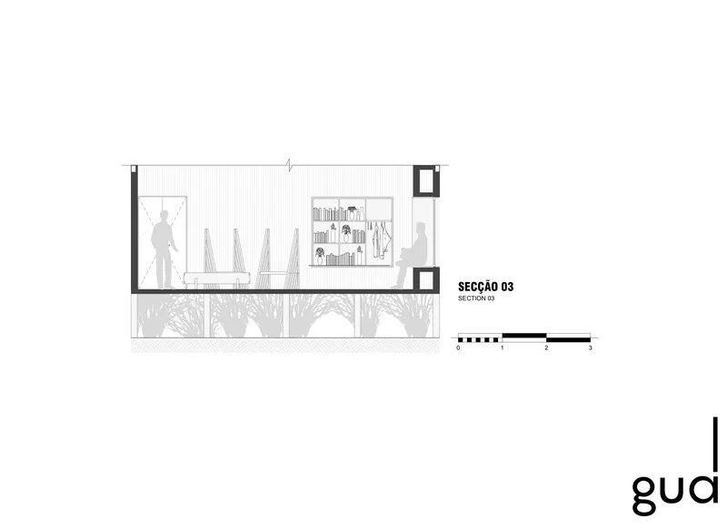 Section drawing showing interior space with slanted timber columns and bookshelf wall