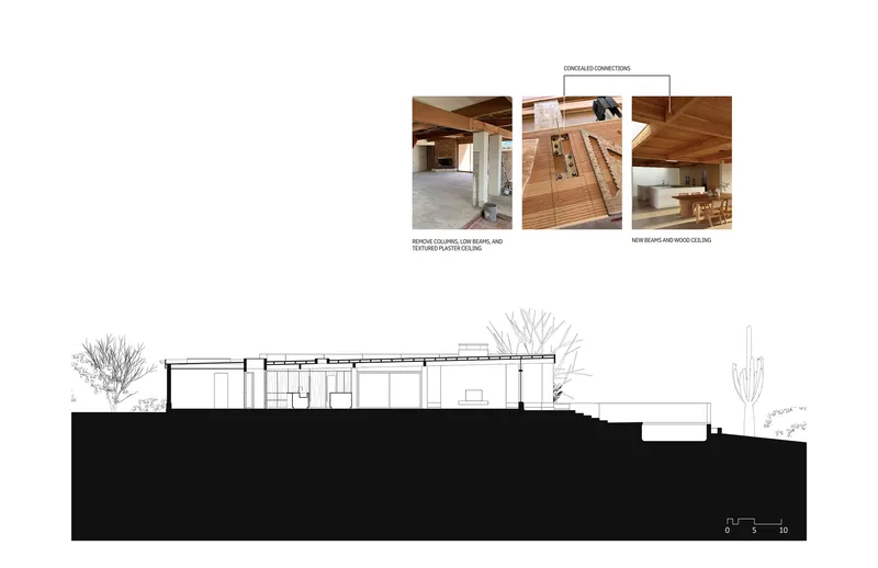 Section drawing through the sloped site showing interior volumes beneath the timber ceiling structure