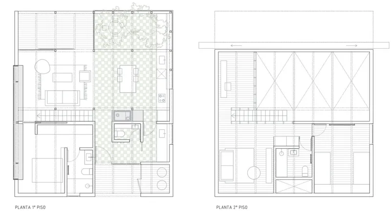 Floor plan drawings showing ground and upper levels with staircase and room layouts