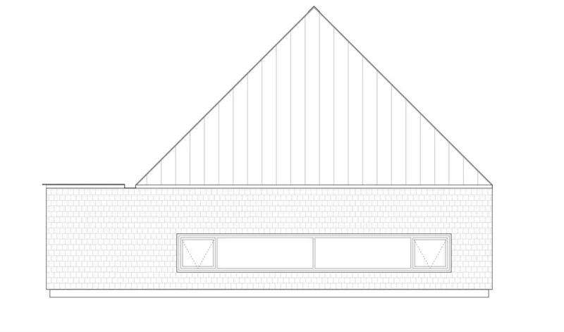 Elevation drawing showing pitched roof profile and shingle cladding with horizontal window band