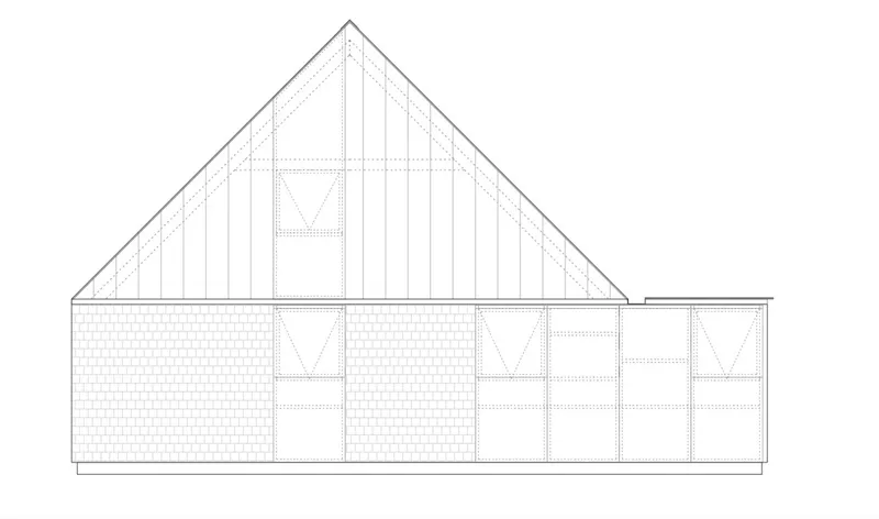 Elevation drawing showing a pitched roof volume with patterned brick walls and vertical window openings