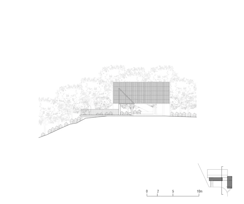 Elevation drawing showing pitched roof volume on sloping terrain with surrounding tree canopy