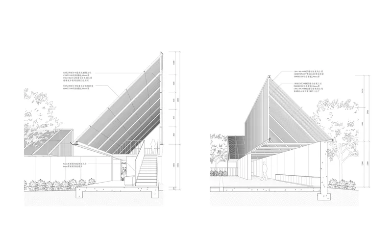 Section drawing showing two steep triangular roofs with exposed structure and dimension annotations