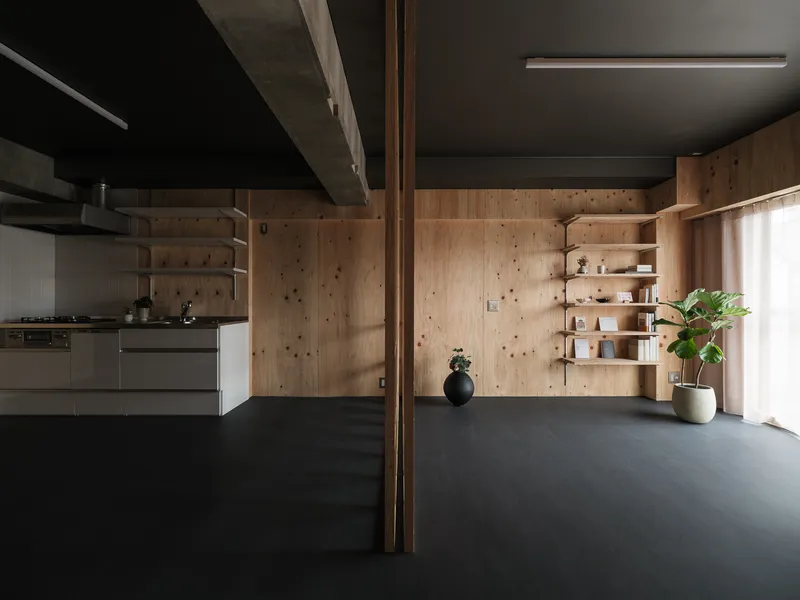 Interior view showing timber column, kitchen zone, and open shelving against plywood-clad walls under a dark ceiling