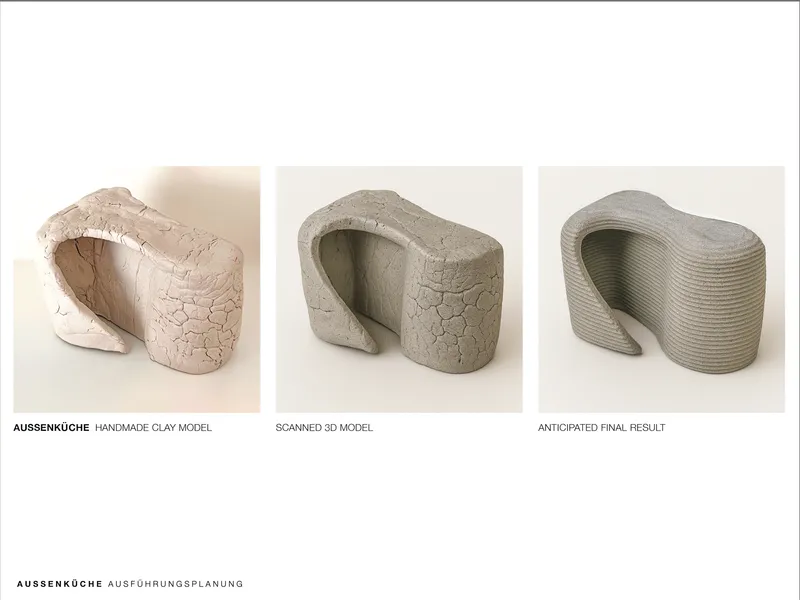 Three-step progression of a clay study model transitioning from handmade to anticipated printed form