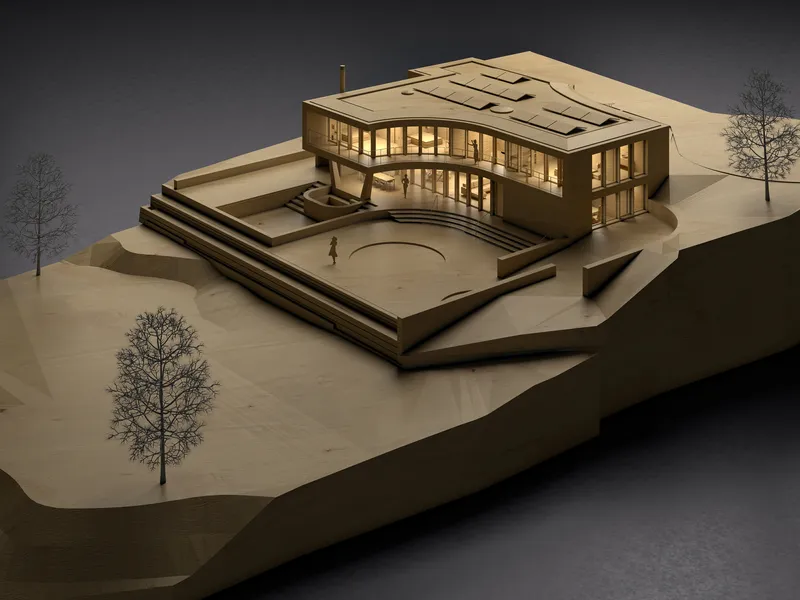 Illuminated architectural model of terraced building with curved glass facade and courtyard at dusk