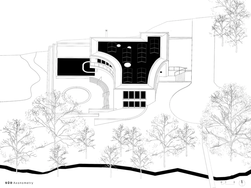 Axonometric drawing showing the curved form with interior spaces and surrounding trees on sloped terrain