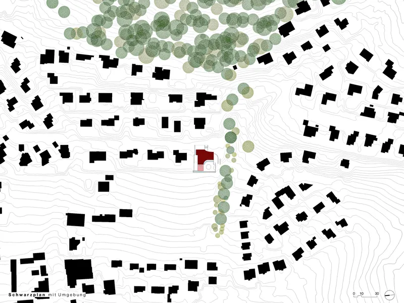 Site plan drawing showing the building footprint among existing structures and tree canopy with contour lines