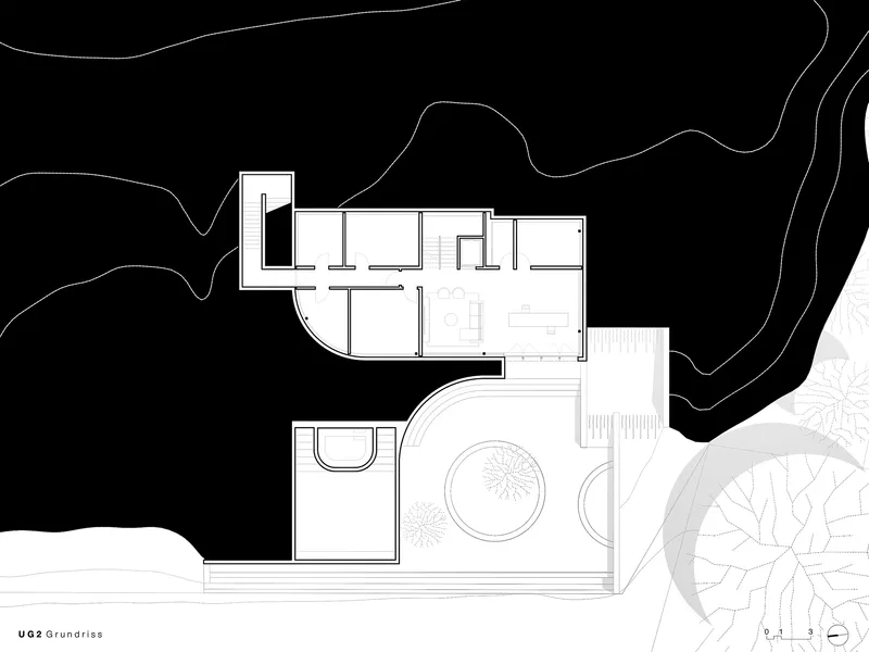 Ground floor plan drawing showing interior room layout with curved pool and surrounding landscape