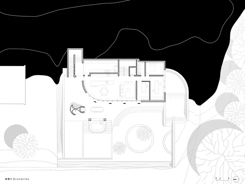 Upper floor plan drawing showing living spaces with curved balcony and pool below