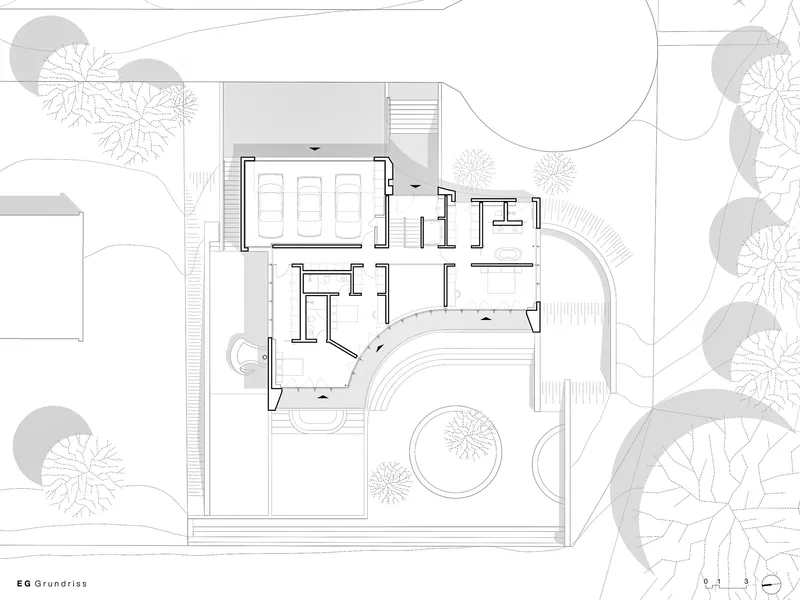Ground floor plan drawing showing garage, entry, and curved outdoor pool with tree canopy above