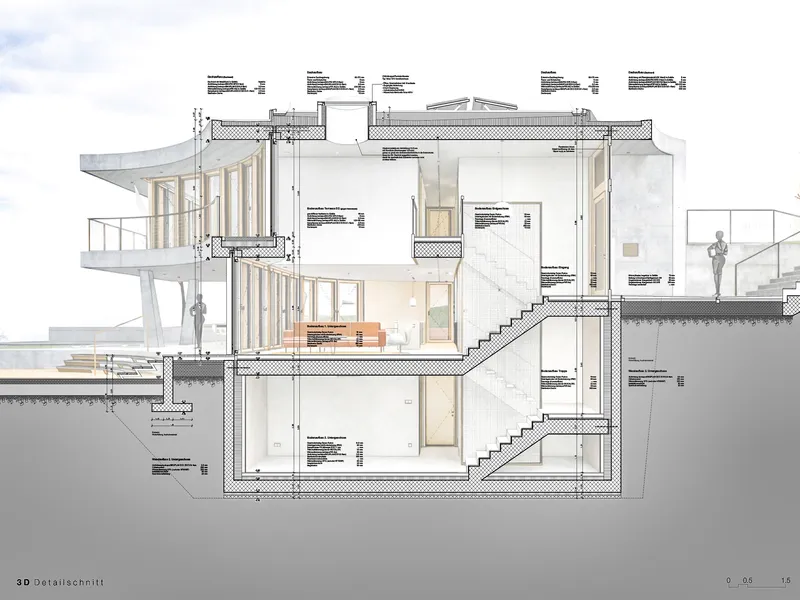 Section drawing revealing multi-level interior spaces with staircases and curved exterior canopy