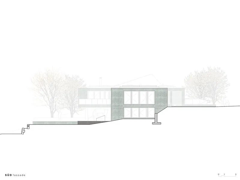 South elevation drawing showing the two-story facade with glass panels and bare winter trees