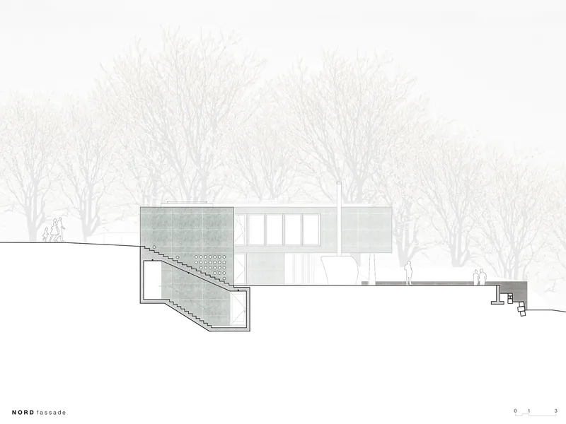 North elevation drawing depicting the sloping site with exterior staircase and deciduous trees