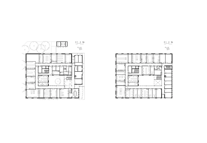 Floor plan drawings depicting two levels with rooms arranged around central atrium and perimeter circulation