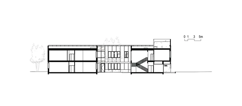 Section drawing showing three-story volume with central staircase and a tree to the left