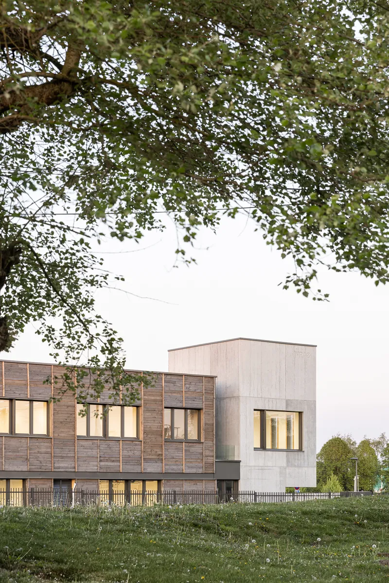 View of the illuminated facade at dusk framed by overhanging tree branches and a grass slope