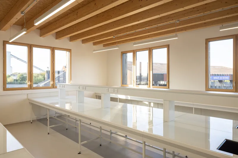 Open workspace with white tables under exposed timber joists and linear pendant lighting