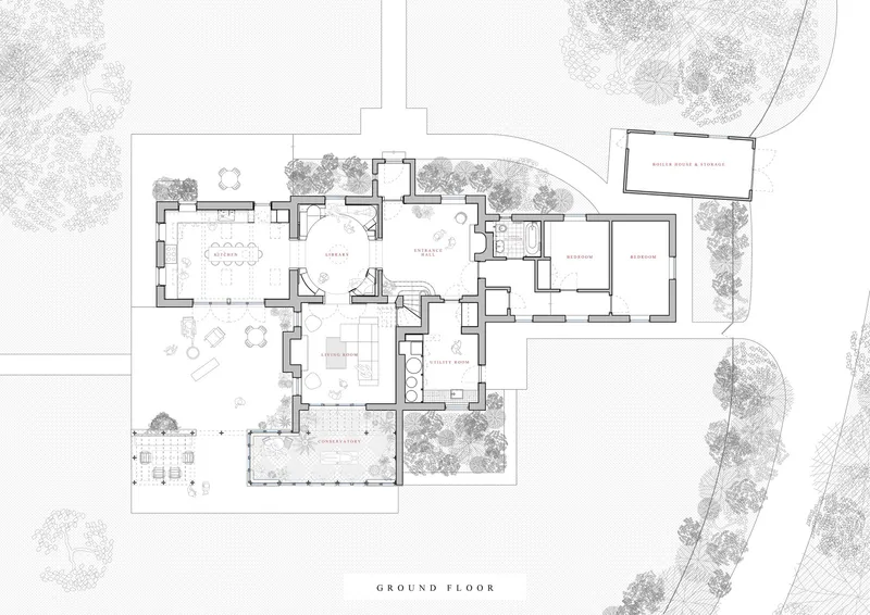 Ground floor plan showing living spaces and bedrooms with surrounding landscape and tree locations