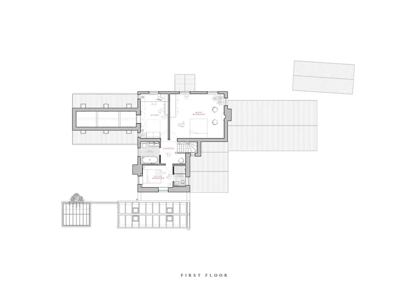 First floor plan drawing showing bedroom layout and exterior decking with tile roof outlines