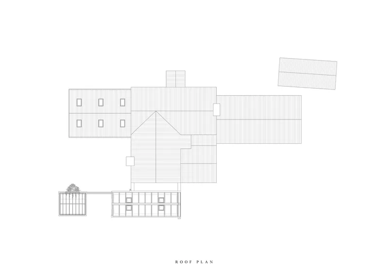 Roof plan drawing showing the pitched tile roof configuration and chimneys
