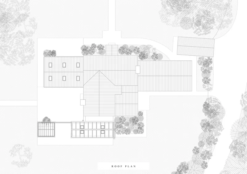 Roof plan drawing showing rectangular volumes with striated surfaces and surrounding trees