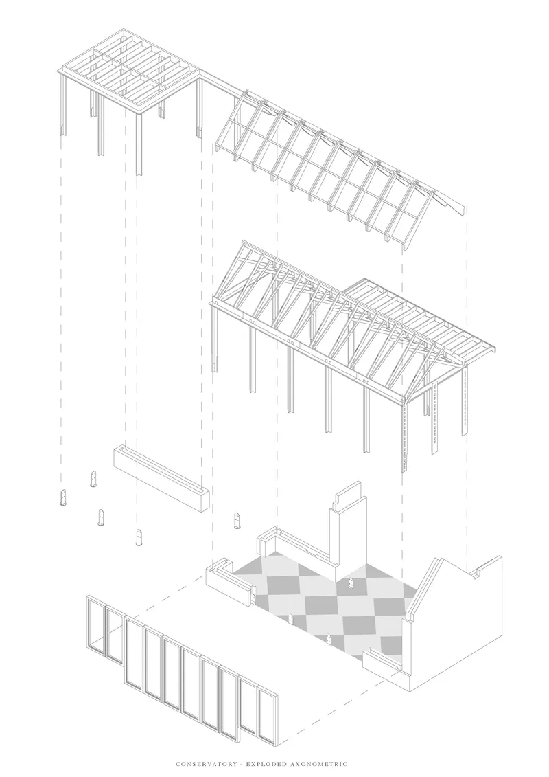 Exploded axonometric drawing showing timber frame structures and a chequered tiled floor panel