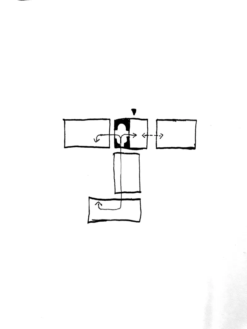 Conceptual sketch diagram showing room adjacencies and circulation arrows between rectangular spaces